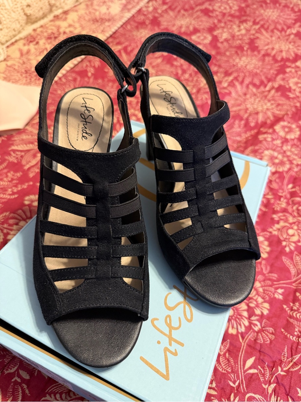 Life Stride Black Strappy Peep-Toe Wedge Sandals with Ankle Strap